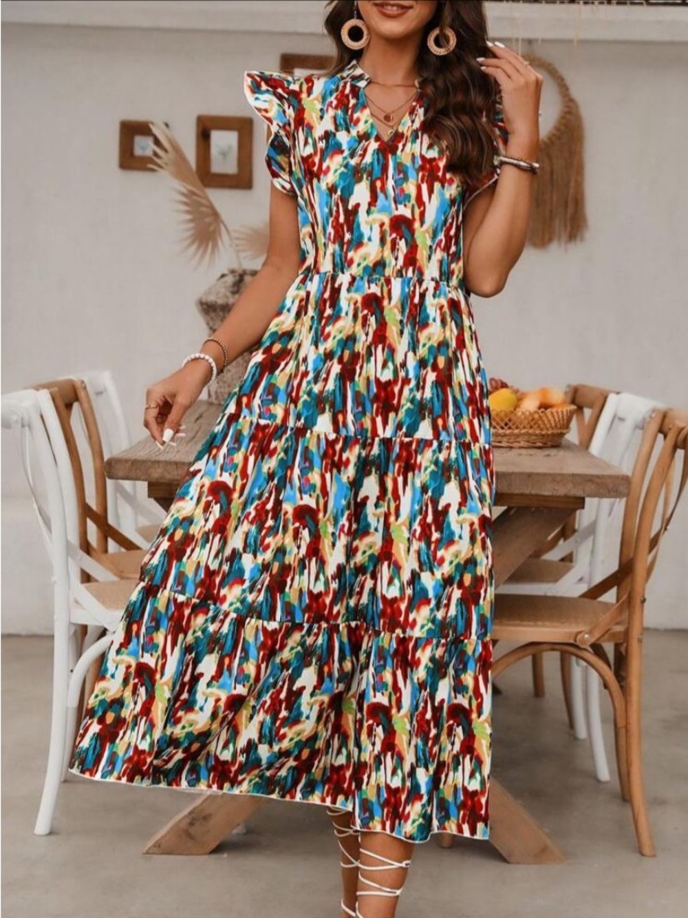 Multicolor Abstract Print Tiered Maxi Dress